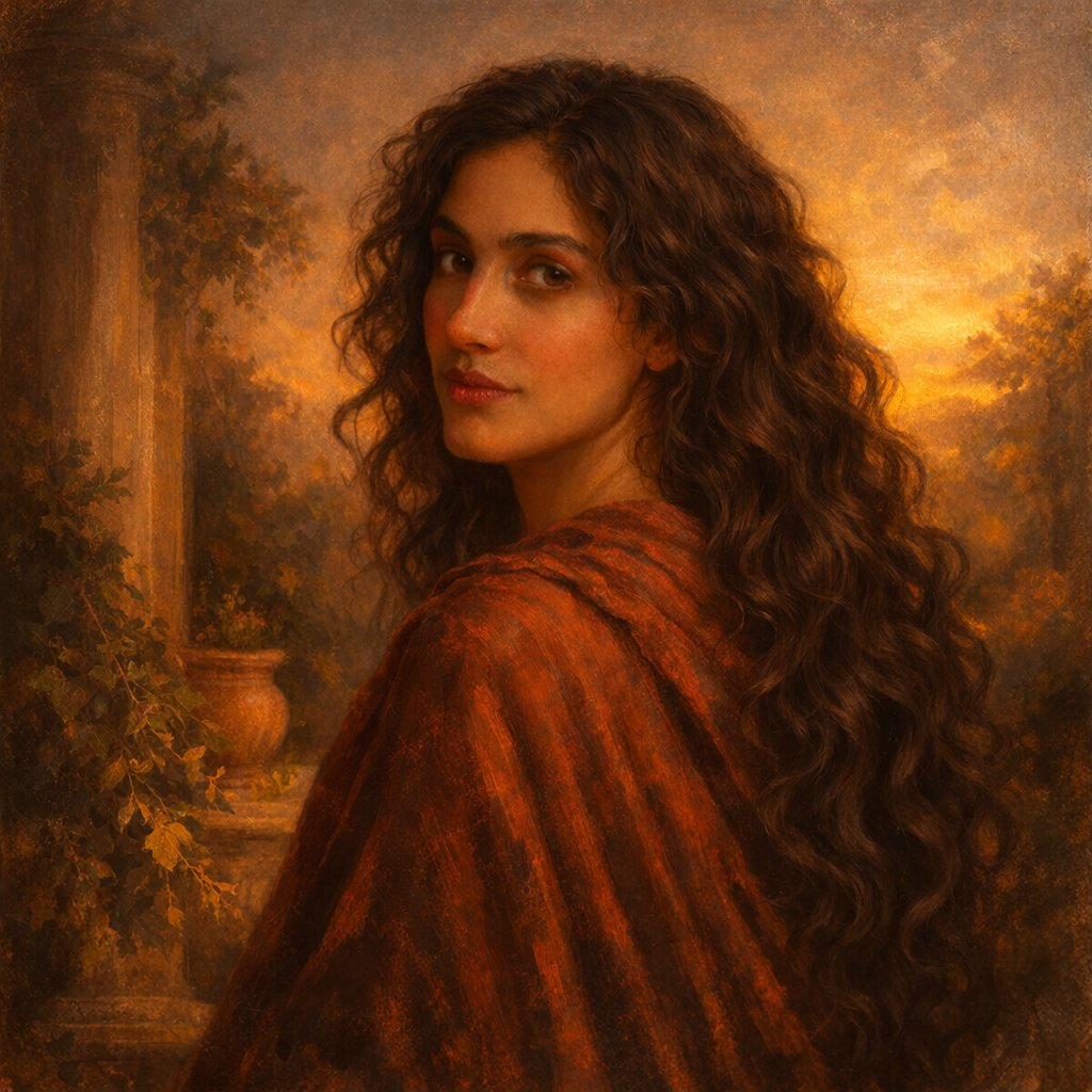 A painting of a woman with long dark hair and a rust-colored shawl, looking back over her shoulder in a garden at dusk.